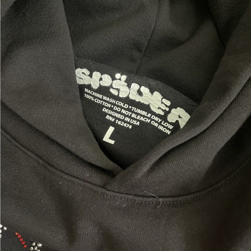 Sp5der hoodie with rhinestone spider design, black and red